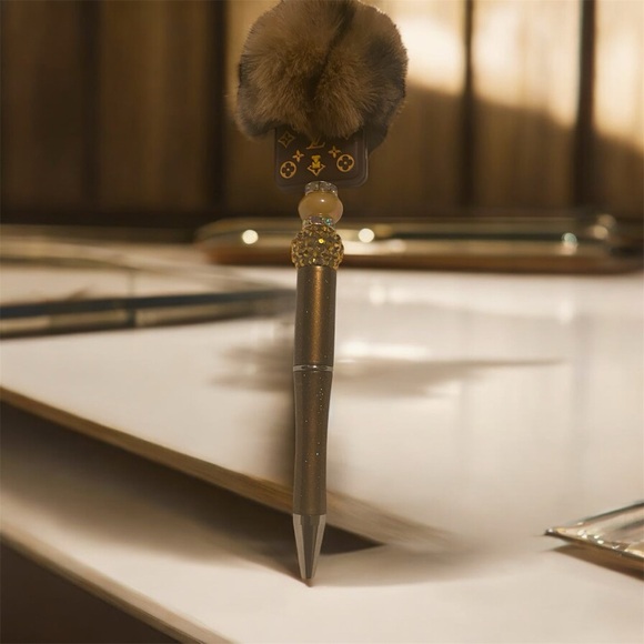 Chic Brown Sparkly Fashion Pen with Pom Pom - Picture 2 of 5